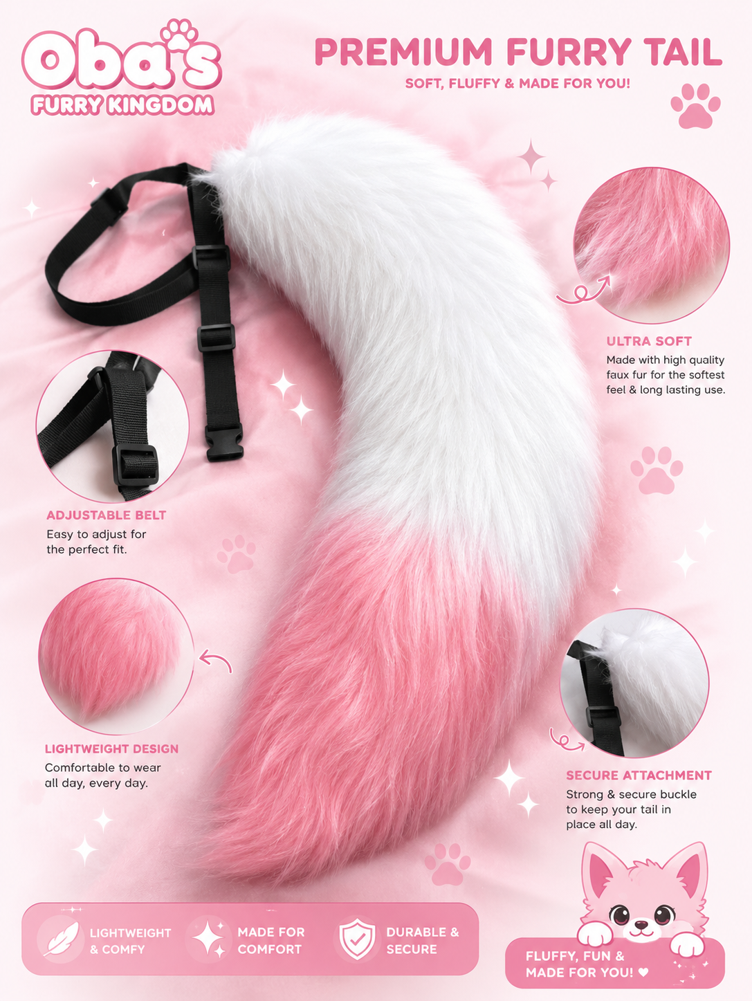Premium Pink & White Furry Tail